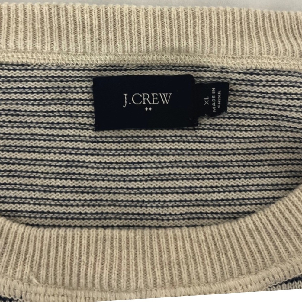 J Crew Mens Striped Crewneck Sweater‎ XL Beige Navy Cotton V-Neck - Picture 3 of 8